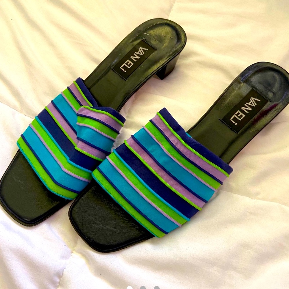 90s Y2K Vintage Kitten Heel Mules Sandals w Blue Green Purple Stripes- no flaws